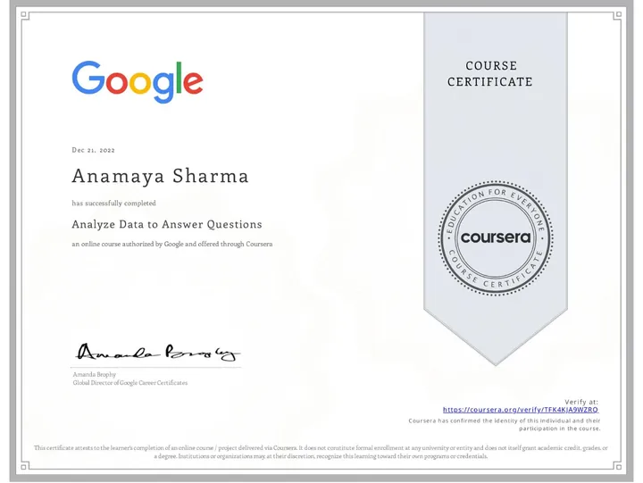 Analyze Data to Answer Questions — certificate issued by Google to Anamaya Sharma, Dec 2022