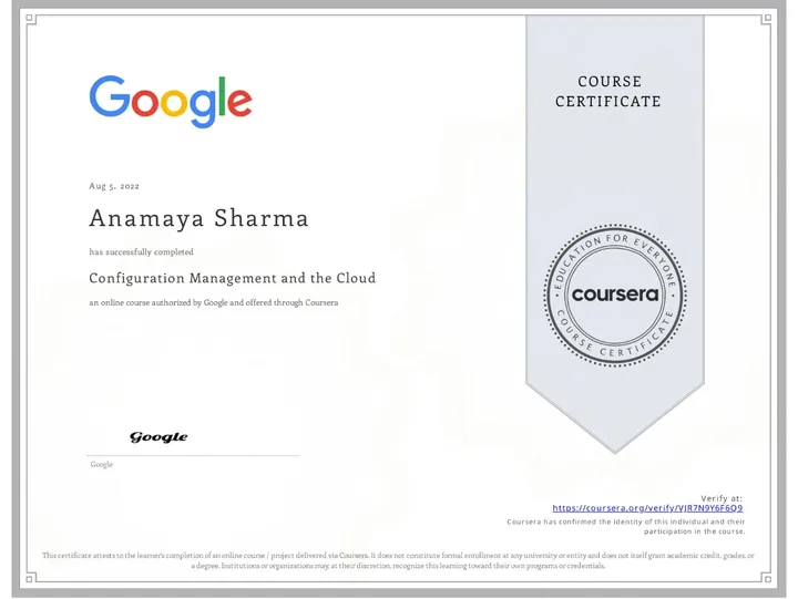 Configuration Management and the Cloud — certificate issued by Google to Anamaya Sharma, Aug 2022
