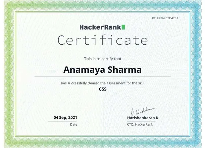CSS Certification — certificate issued by HackerRank to Anamaya Sharma, Sep 2021