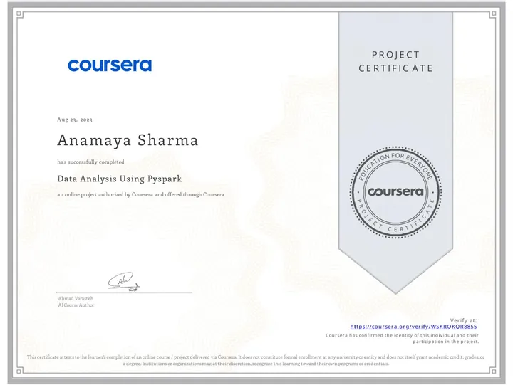 Data Analysis Using PySpark — certificate issued by Coursera to Anamaya Sharma, Aug 2023