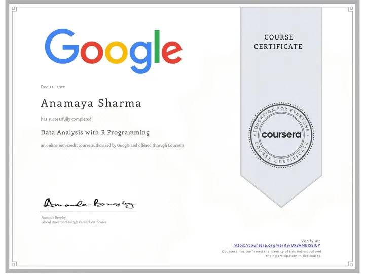 Data Analysis with R Programming — certificate issued by Google to Anamaya Sharma, Dec 2022