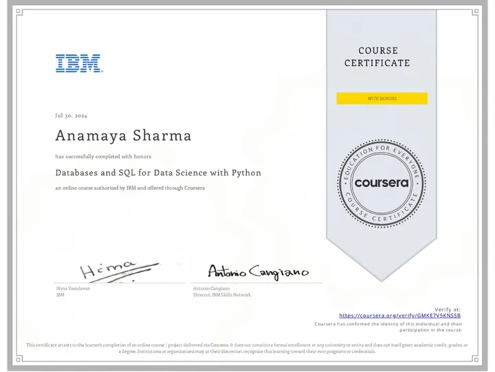 Databases and SQL for Data Science with Python — certificate issued by IBM to Anamaya Sharma, Jul 2024