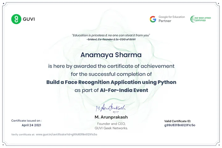 Build a Face Recognition Application using Python — certificate issued by HCL GUVI to Anamaya Sharma, Apr 2021