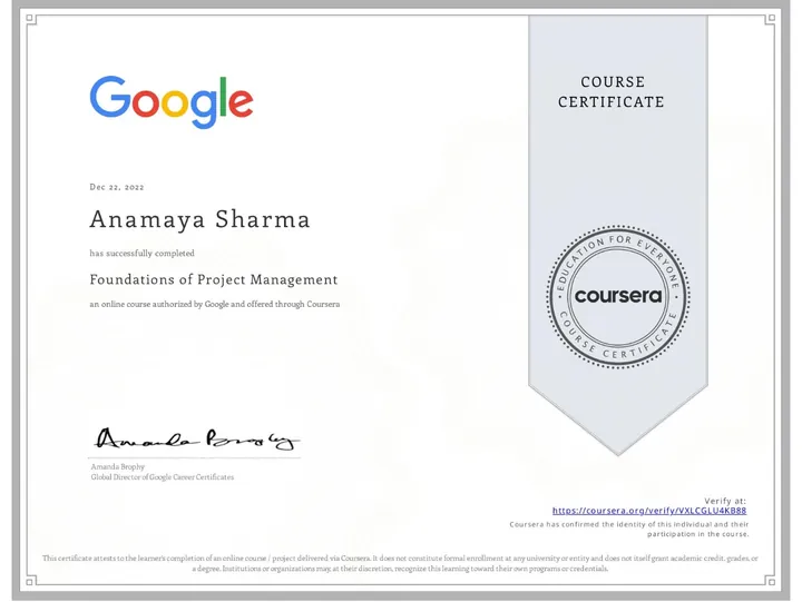 Foundations of Project Management — certificate issued by Google to Anamaya Sharma, Dec 2022
