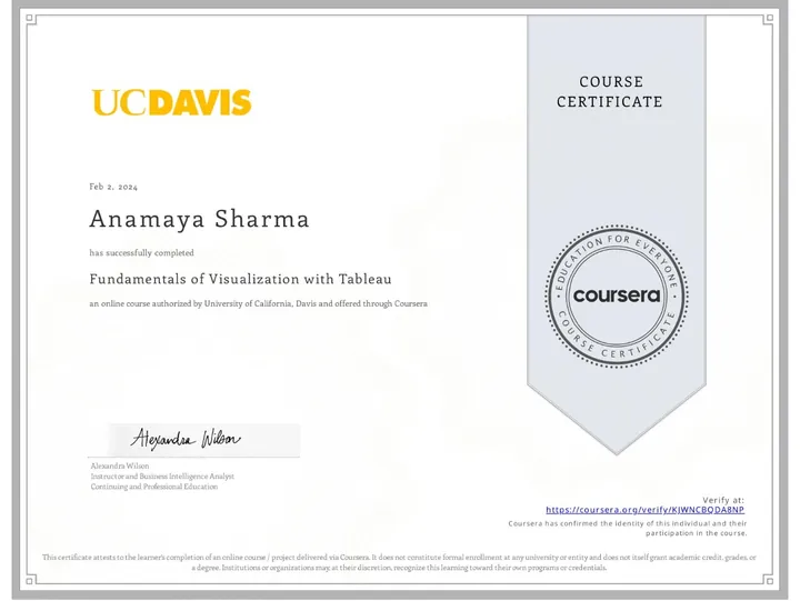 Fundamentals of Visualization with Tableau — certificate issued by UC Davis to Anamaya Sharma, Feb 2024