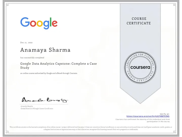 Google Data Analytics Capstone: Complete a Case Study — certificate issued by Google to Anamaya Sharma, Dec 2022