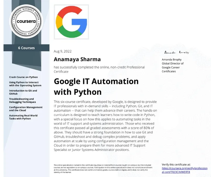 Google IT Automation with Python — certificate issued by Google to Anamaya Sharma, Aug 2022