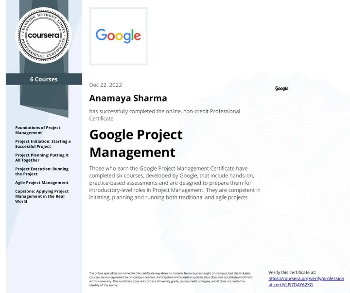 Google Project Management — certificate issued by Google to Anamaya Sharma, Dec 2022