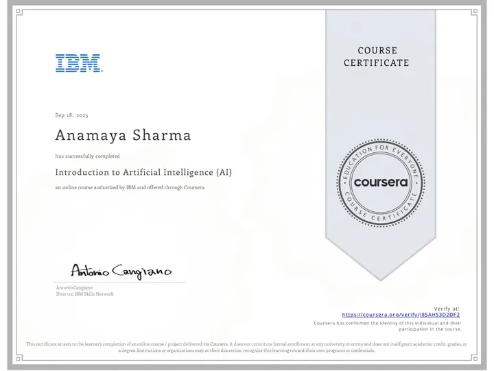 Introduction to Artificial Intelligence (AI) — certificate issued by IBM to Anamaya Sharma, Sep 2023