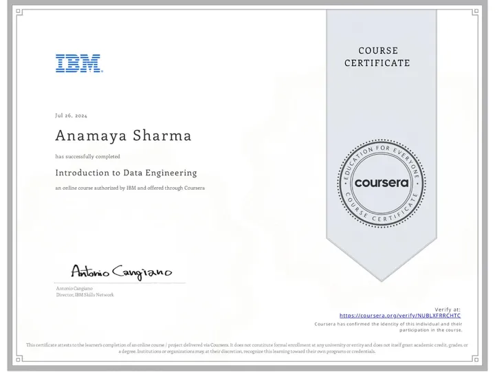 Introduction to Data Engineering — certificate issued by IBM to Anamaya Sharma, Jul 2024