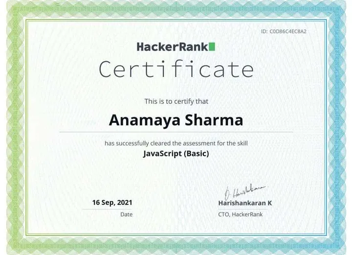 JavaScript Certification — certificate issued by HackerRank to Anamaya Sharma, Sep 2021
