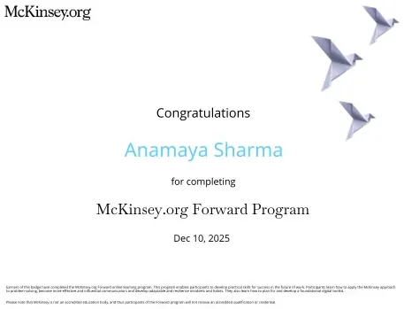 McKinsey.org Forward Program — certificate issued by McKinsey.org to Anamaya Sharma, Dec 2025