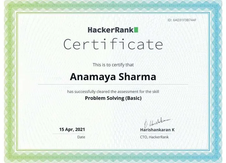 Problem Solving in Data Structures — certificate issued by HackerRank to Anamaya Sharma, Apr 2021