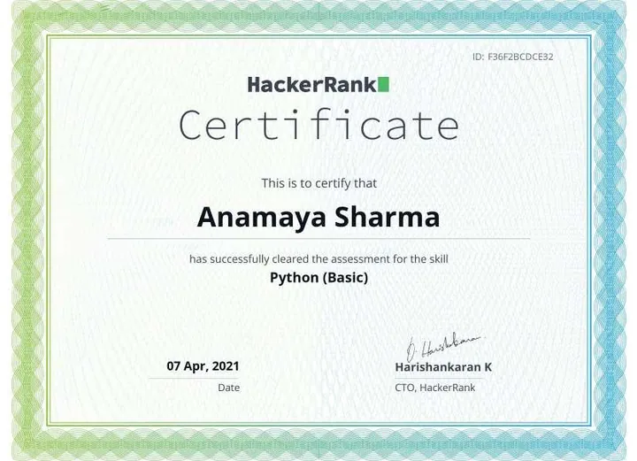 Python Certification — certificate issued by HackerRank to Anamaya Sharma, Apr 2021