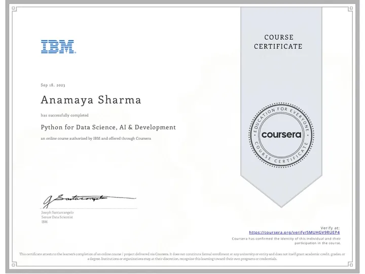 Python for Data Science, AI & Development — certificate issued by IBM to Anamaya Sharma, Sep 2023