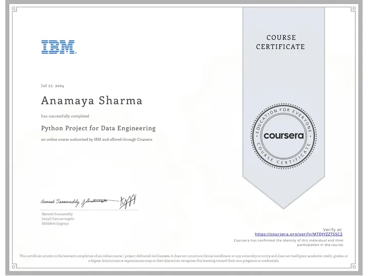 Python Project for Data Engineering — certificate issued by IBM to Anamaya Sharma, Jul 2024