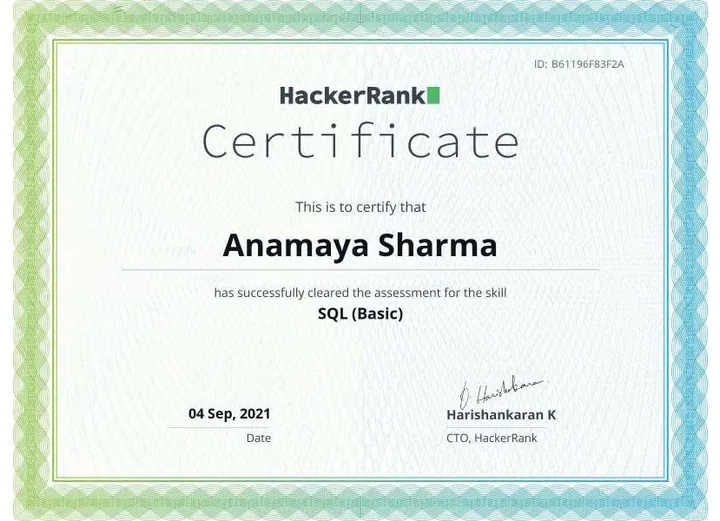 SQL (Basic) — certificate issued by HackerRank to Anamaya Sharma, Sep 2021
